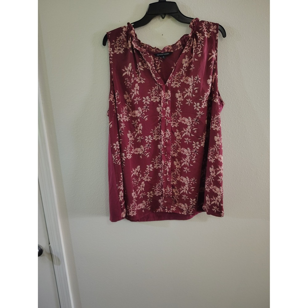41 Hawthorn Womens 2X Burgundy Floral Ruffle V-Neck Mixed Media